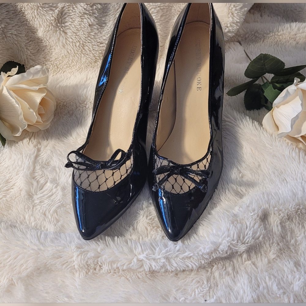 Audrey Brooke Black Patent Heels with Mesh Detail